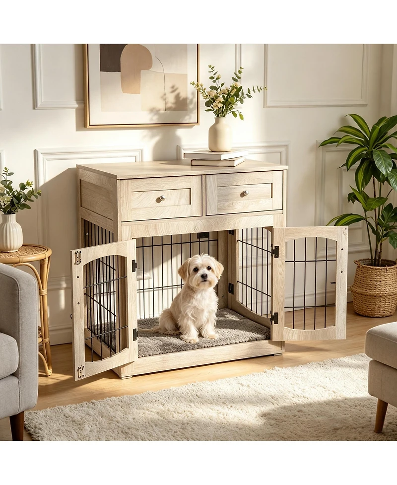 Medium/Large Engineered Wood Dog Crate Furniture, Indoor Dog Kennel Cage with Metal Double Doors, Decorative Pet End Table for Living Room