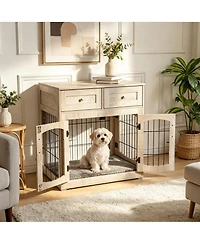 Medium/Large Engineered Wood Dog Crate Furniture, Indoor Dog Kennel Cage with Metal Double Doors, Decorative Pet End Table for Living Room