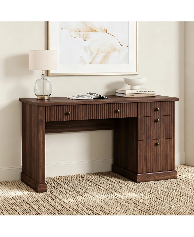 54" Fluted Home Office Desk with File Drawer, Charging Station, Modern Executive Computer Writing Desk for Study Room