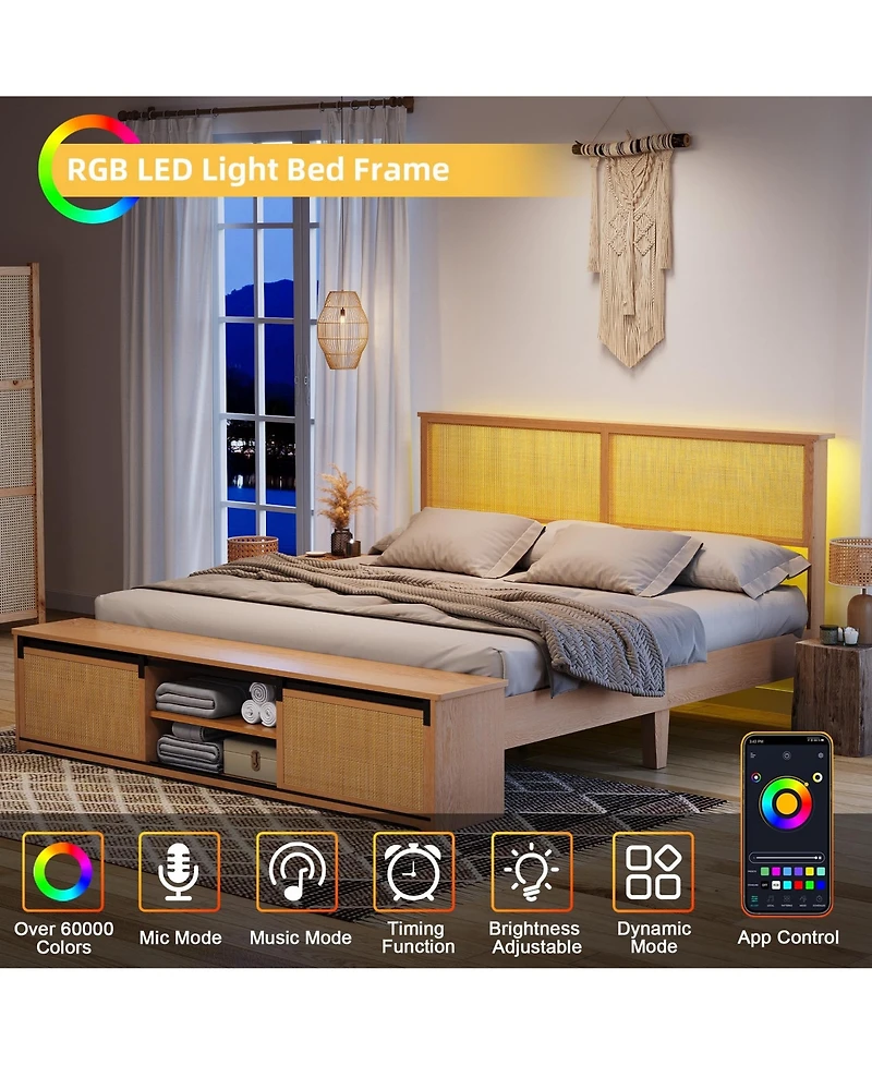 Full Rattan Bed Frame, Rattan Headboard and Rgb Led Light, Platform Bed Frame with Sliding Barn Door Storage Bench, Noise Free, No Box Spring Needed