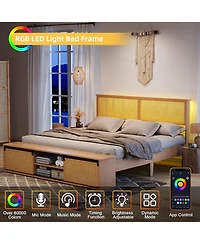 Full Rattan Bed Frame, Rattan Headboard and Rgb Led Light, Platform Bed Frame with Sliding Barn Door Storage Bench, Noise Free, No Box Spring Needed