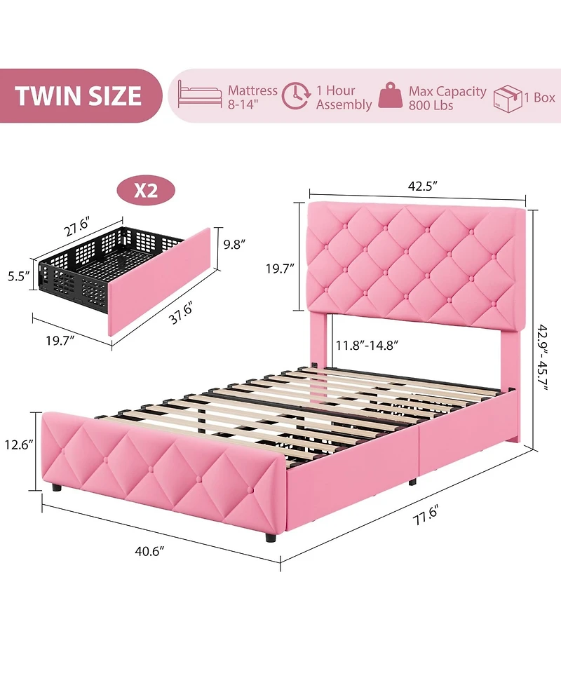 Bed Frame with 4 Storage Drawers and Adjustable Headboard, Linen Upholstered Platform Beds, Diamond Stitched Button Tufted