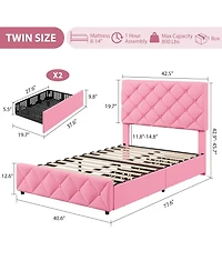 Bed Frame with 4 Storage Drawers and Adjustable Headboard, Linen Upholstered Platform Beds, Diamond Stitched Button Tufted