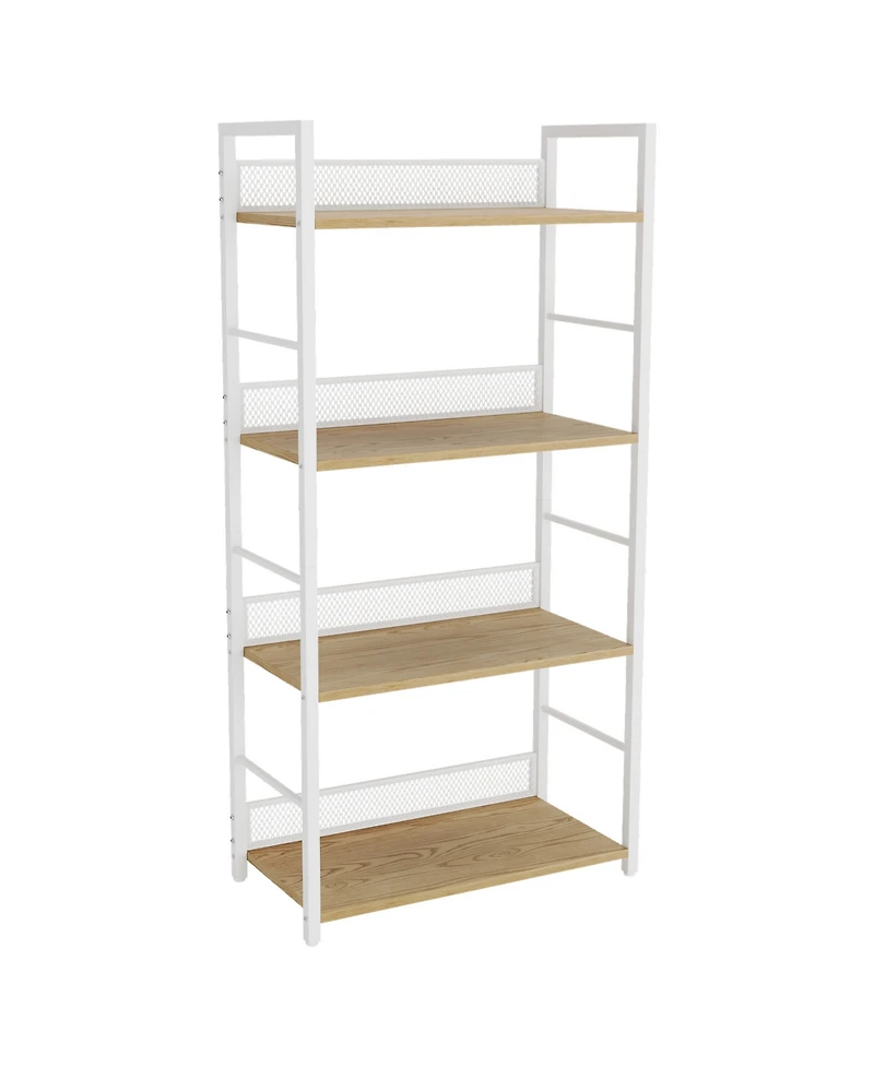 4-Tier Industrial Bookshelf, Metal and Wood Freestanding Open Display Rack with Anti-Fall Mesh Guard, Anti-Tip Kit for Home Office Bedroom Living Room