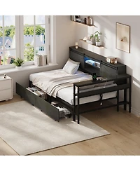 Twin Corner Bed Frame with Storage Bookcase, Metal Platform Bed Frame with Led Lights, Charging Station, Storage Drawers, Black