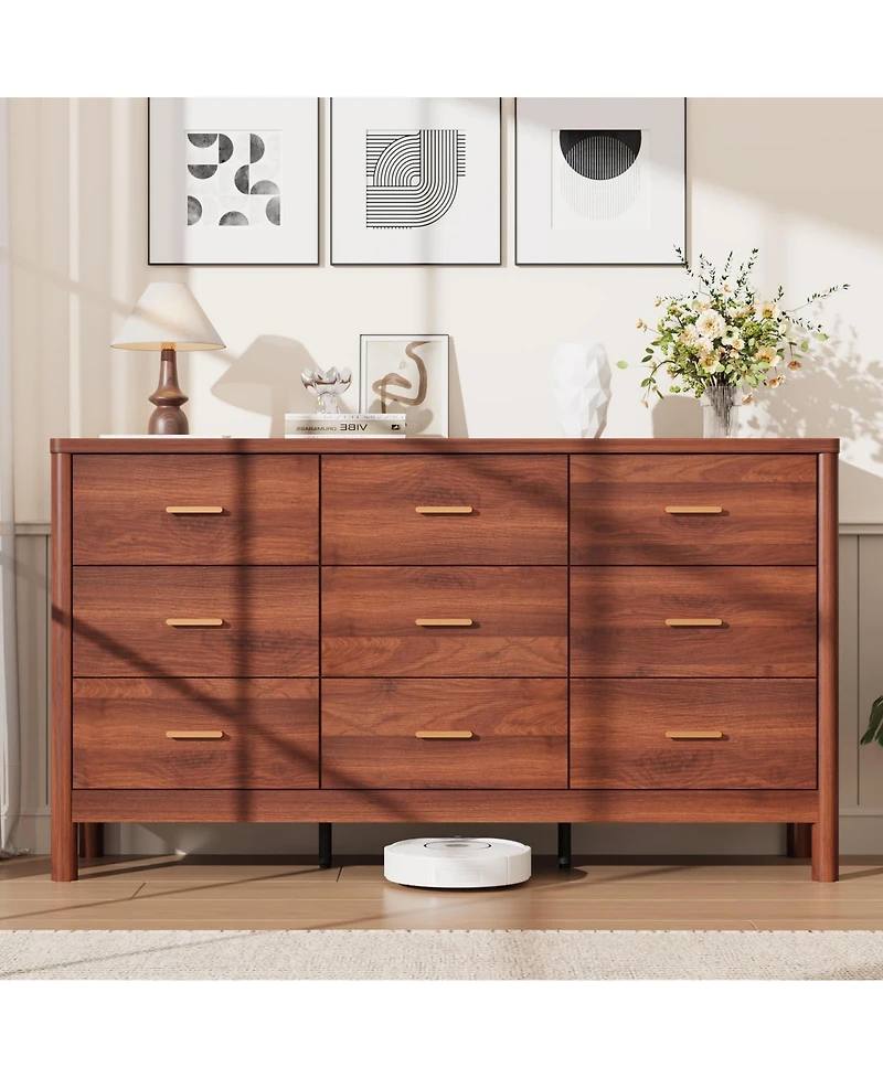 9 Drawer Dresser, Modern Storage Chest of Drawers, Freestanding Organizer with Cylindrical Legs, Metal Handles and Anti-Tip, for Bedroom, Living Room