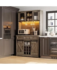 72" Coffee Bar Cabinet with Storage, Kitchen Buffet Hutch, Led Lights, Power Outlets, Sliding Barn Doors, 3 Drawers and Wine Glass Rack for Home Bar