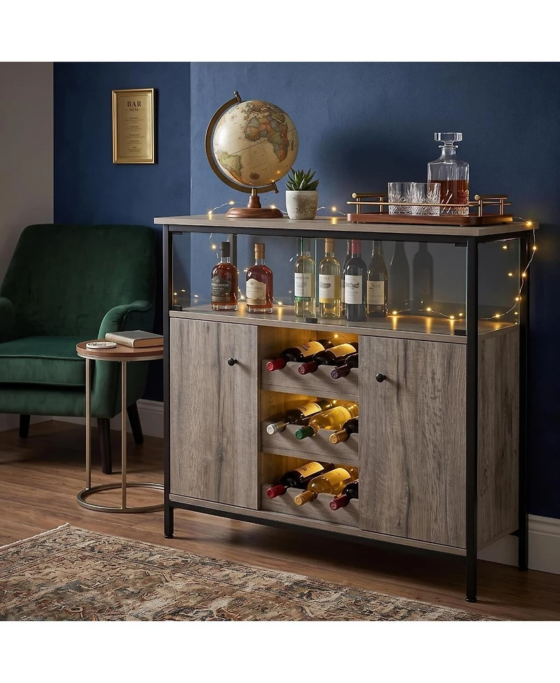 Farmhouse Sideboard Buffet Cabinet with Wine Rack and Adjustable Shelves, Kitchen Storage,Grey