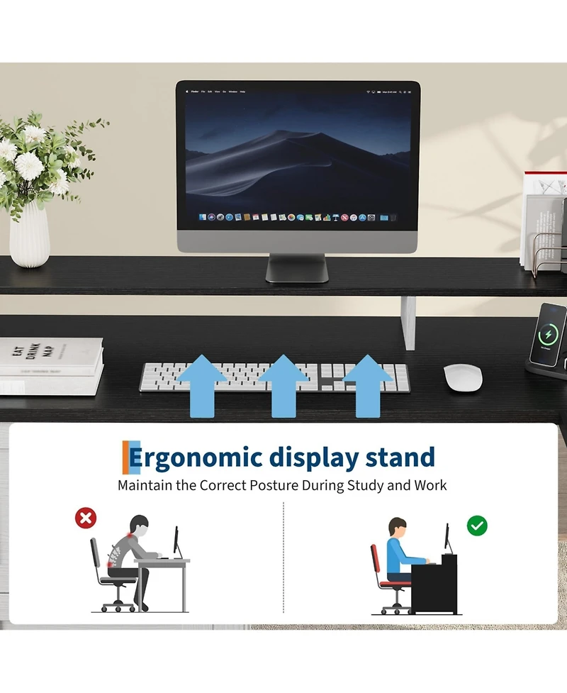 L-Shaped Executive Desk, 63" Mdf Corner Computer Desk with Monitor Stand, 4 File Drawers, Power Outlets, Ample Storage for Home Office Gaming Study