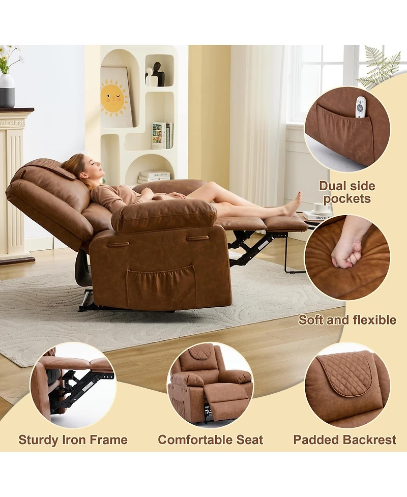39 "L x 36 "W Pu Leather Recliner Chair with Massage and Heating, Adjustable Reclining Single Sofa for Living Room Bedroom Office, Brown
