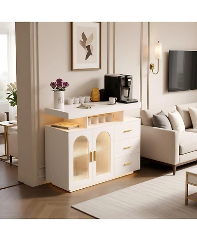 55 x 16 x 42 in 3 Door 3 Drawer Sideboard Buffet Cabinet, Engineered Wood Storage with Floating Look for Dining Room Living Room, White