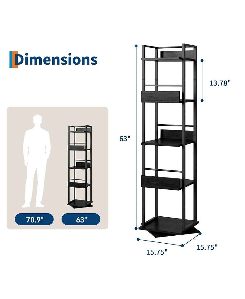 homfan 5-Tier Corner Bookshelf, 360-Degree Rotating Tall Narrow Bookcase with Guardrail, Industrial Storage Rack for Living Room Bedroom Home Office