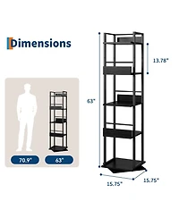 homfan 5-Tier Corner Bookshelf, 360-Degree Rotating Tall Narrow Bookcase with Guardrail, Industrial Storage Rack for Living Room Bedroom Home Office