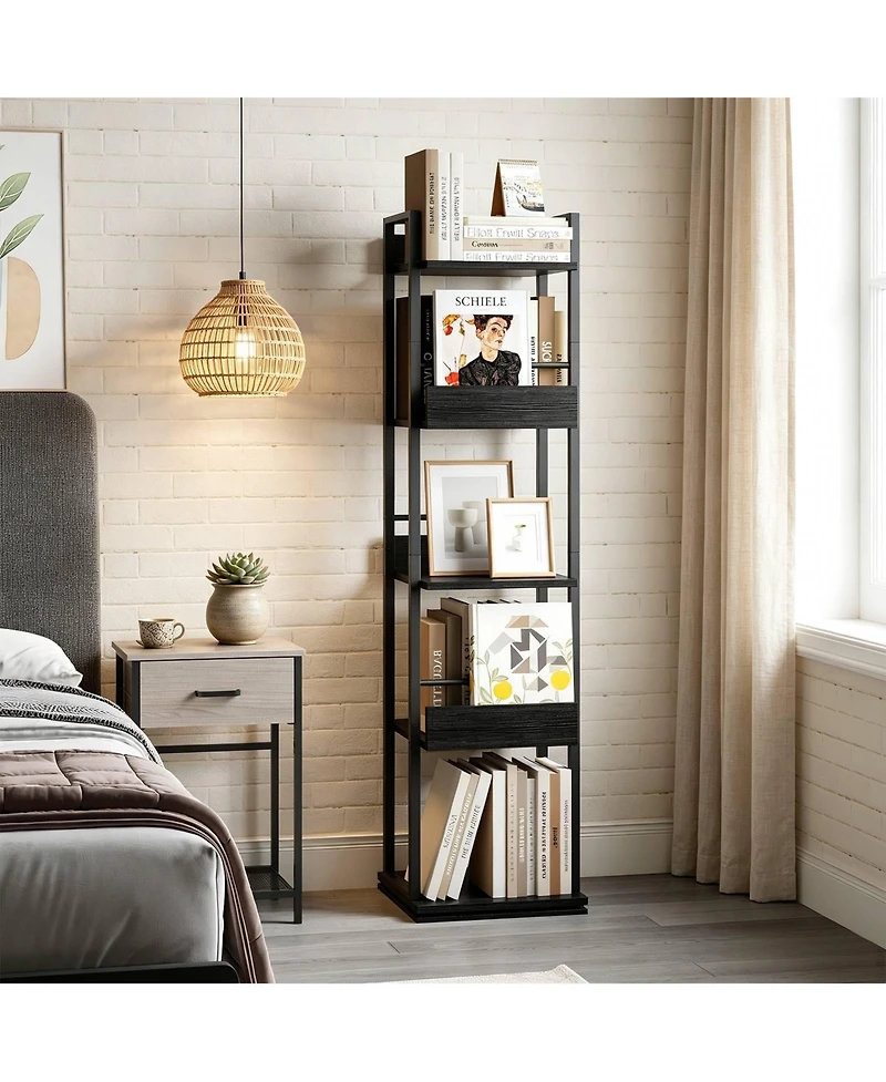 homfan 5-Tier Corner Bookshelf, 360-Degree Rotating Tall Narrow Bookcase with Guardrail, Industrial Storage Rack for Living Room Bedroom Home Office