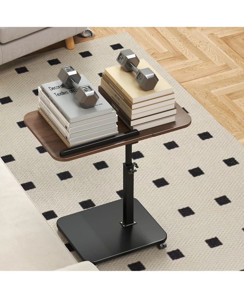 Adjustable Height C-Shaped End Table with Wheels and 180degree(s) Swivel, Slide Under Sofa Tv Tray,Brown