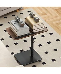 Adjustable Height C-Shaped End Table with Wheels and 180degree(s) Swivel, Slide Under Sofa Tv Tray,Brown