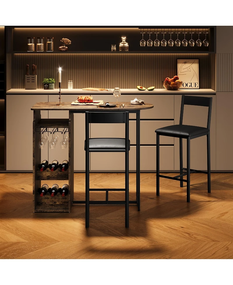 Bar Table and Chair Set for 2 Counter Height with Wine Rack and Wine Glass Holder Open Storage Shelf Space Saving for Kitchen Dining Room Apartment