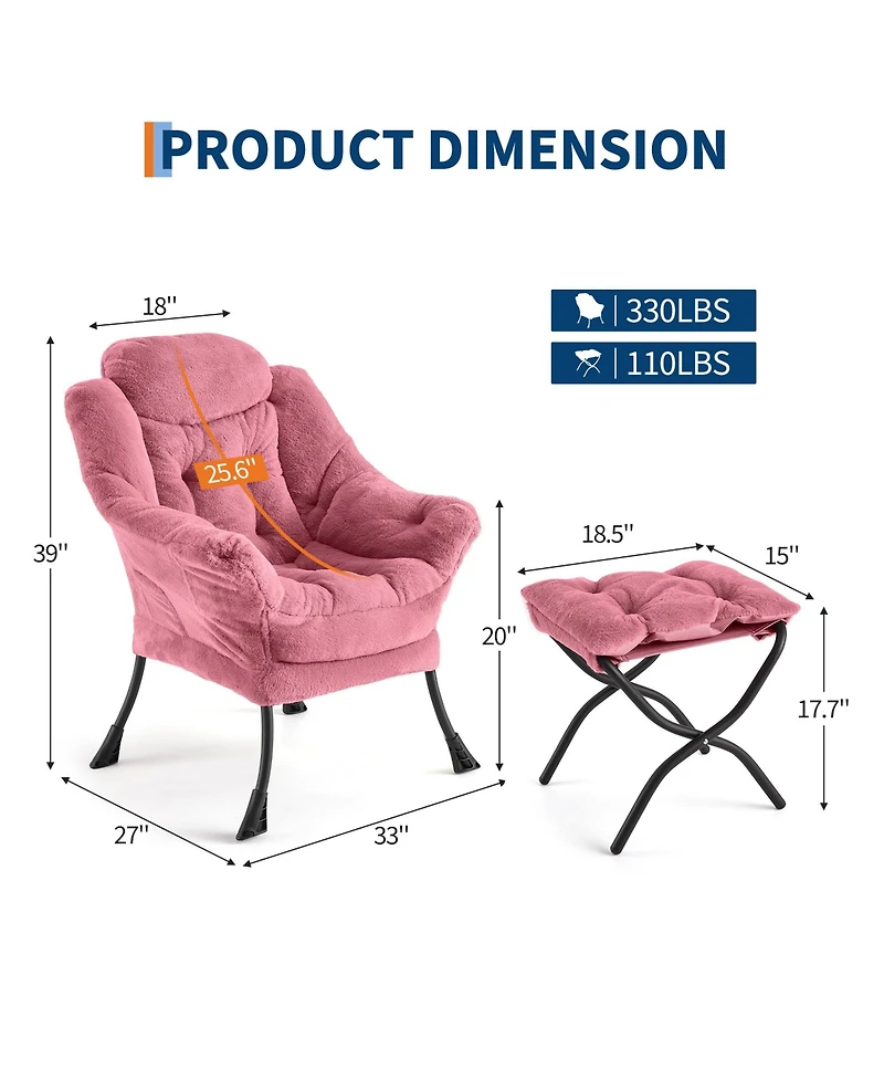 Lounge Armchair with Ottoman Set Modern Ergonomic Recliner 400 lb Capacity Thick Cushion Collapsible Footrest Side Pocket for Living Room Pink