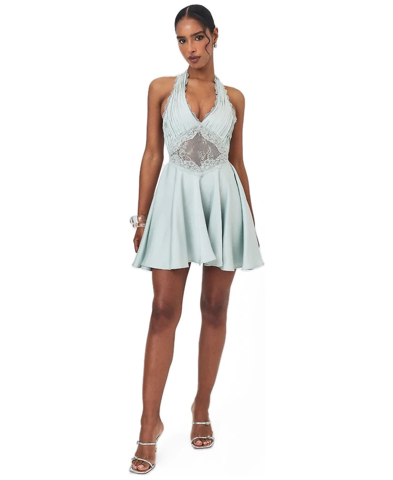 Miss Circle Women's Rianna Light Sage Crinkle Satin Halter Mini Dress