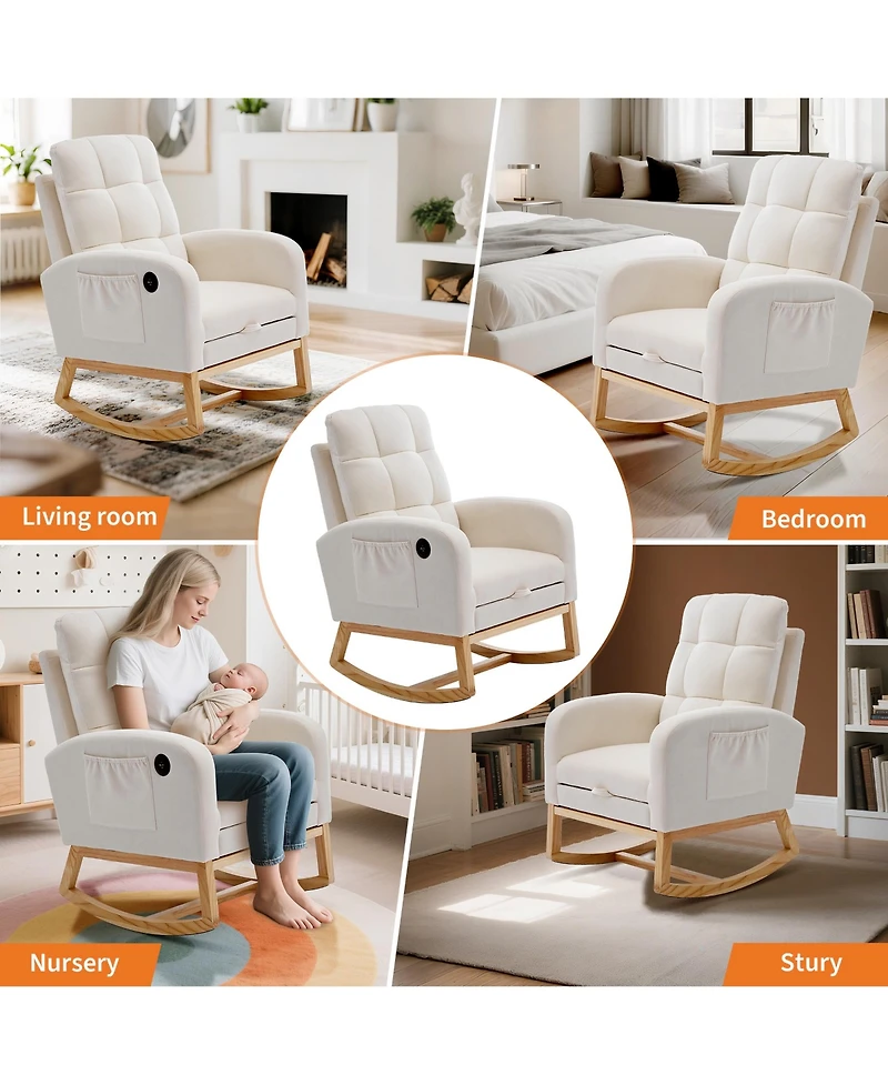 Rocking Chair, Linen Upholstered Glider Armchair for Nursery | Modern Rocker with Footrest, Side Pocket and Usb Ports for Living Room Bedroom