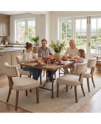 4 Set of Mid-Century Upholstered Dining Chairs, Linen Covered Chairs with Nailhead Trim, Curved Backrest and Wooden Legs for Kitchen, Dining Room