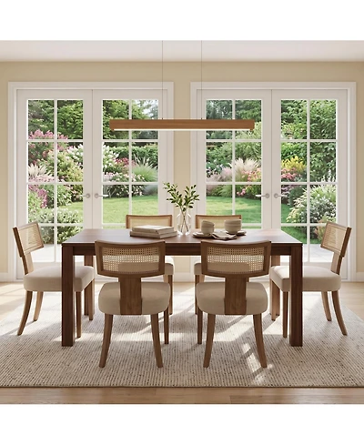 Set of 6 Mid-Century Farmhouse Dining Chairs, Linen Upholstered Chairs with Rattan Detail, Ergonomic Curved Backrest and Wooden Legs for Kitchen