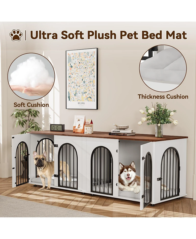 Dog Crate Furniture with Removable Divider, 71 Inch Indoor Double Pet Kennel Home for 2 Dogs, Tv Stand End Table, White and Brown