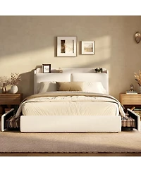 Upholstered Bed Frame with Shelf and Drawers, Chenille Platform Bed with Built in Headboard Shelf for Phone and Books