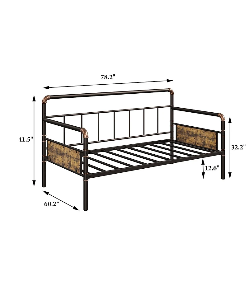 Daybed Frame Full Size Metal Space-Saving with Classic Wood Headboard Heavy Duty Steel Slats Noise-Free for Living Room Bedroom Guest Room