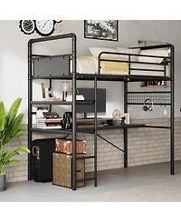 Loft Bed Twin Size Metal Heavy Duty with L-Shaped Desk and Storage Shelves High Guardrail Ladder 400 lbs Capacity Space-Saving for Bedroom Dorm Black