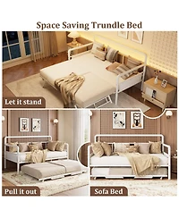 Full Daybed with Pop Up Trundle, White Platform Bed with Headboard, Steel Slat Support, No Box Spring Needed, Versatile Sofa Bed for Living Room