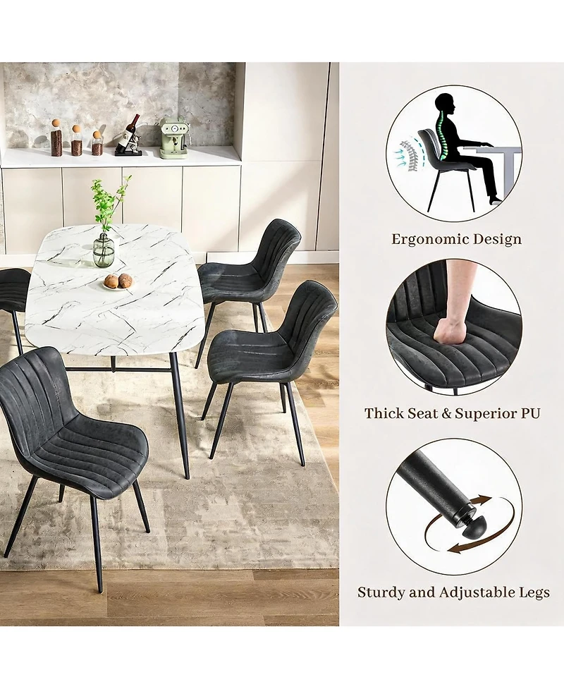 Dining Chairs Set of 2, Ergonomic Upholstered Kitchen Chair with Waterproof Pu Leather Seat, Stable Metal Legs, 300 lbs Capacity, Black