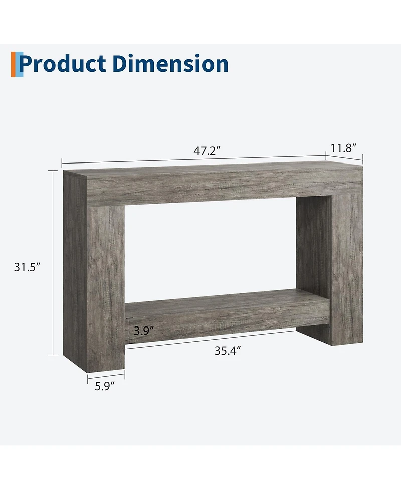 47.2" Farmhouse Console Table with H-Base, 2-Tier Entryway Sofa Table for Living Room,Grey