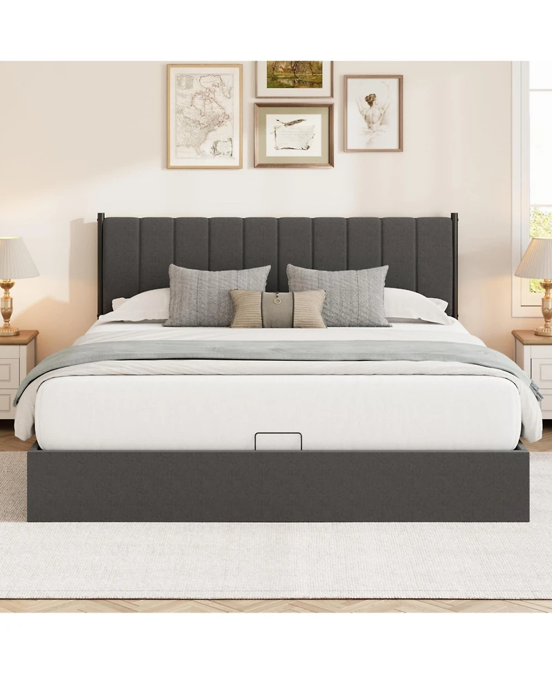King Size Lift Up Storage Bed Frame, Linen Upholstered Platform Bed, Hydraulic System with Handle, No Box Spring Needed, Wood Slats Support