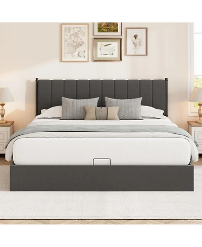 King Size Lift Up Storage Bed Frame, Linen Upholstered Platform Bed, Hydraulic System with Handle, No Box Spring Needed, Wood Slats Support