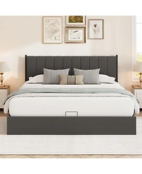 King Size Lift Up Storage Bed Frame, Linen Upholstered Platform Bed, Hydraulic System with Handle, No Box Spring Needed, Wood Slats Support