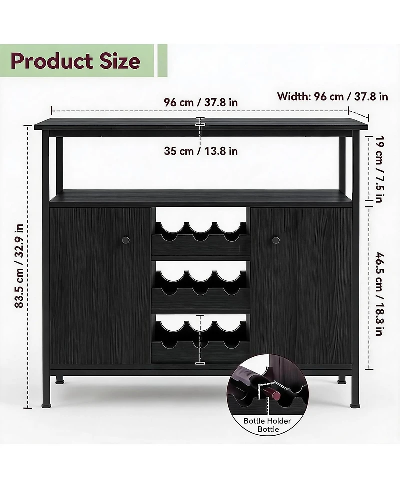 Farmhouse Sideboard Buffet Cabinet with Wine Rack and Adjustable Shelves, Kitchen Storage,Black
