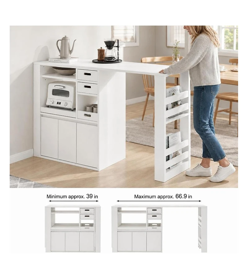 Extendable Rotating Kitchen Island Dining Table, Multi-Functional Mdf Counter with Drawers, Cabinet, Storage Rack for Kitchen Dining Room Home Office