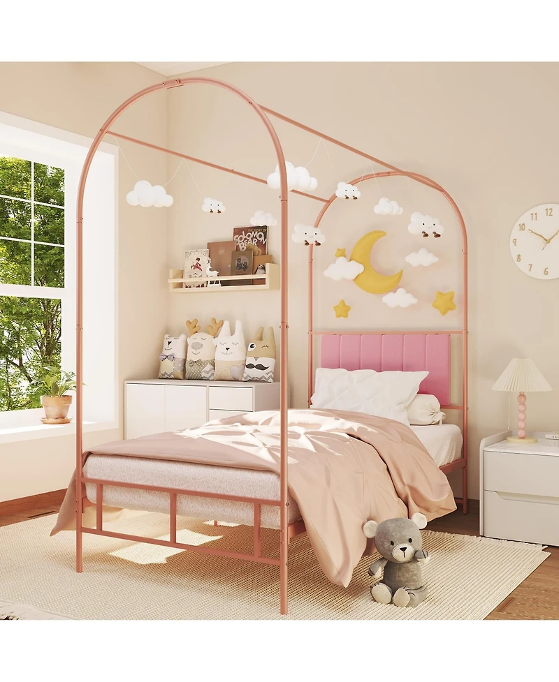 Twin Arch Canopy Bed Frame, Pink Kids Metal Platform Bed Frame with Upholstered Headboard, Underbed Storage, No Box Spring Needed Easy Assembly