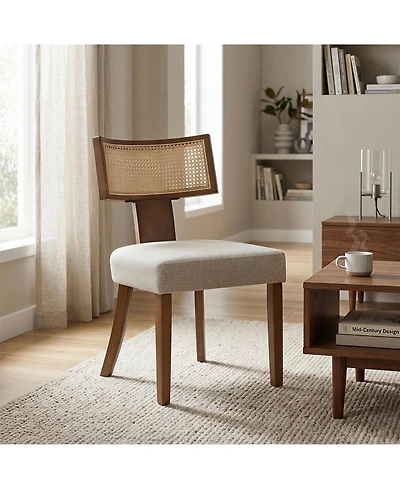 Set of 2 Mid-Century Dining Chairs with Rattan Back, Upholstered Linen Seat and Wood Frame for Kitchen Dining Room Living Room, Beige