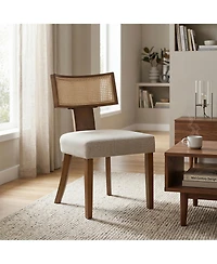 Set of 2 Mid-Century Dining Chairs with Rattan Back, Upholstered Linen Seat and Wood Frame for Kitchen Dining Room Living Room, Beige