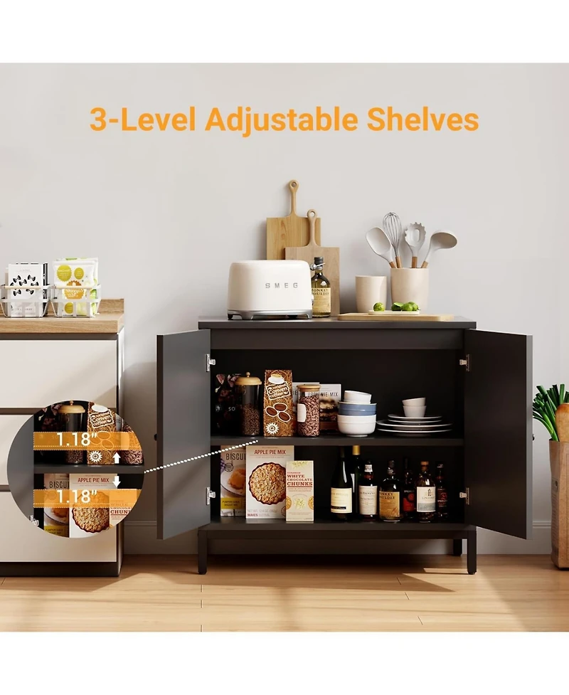 32 x 16 x 28 in Set of 2 Rattan Storage Cabinets with Arch Doors, Engineered Wood Cabinet with Shelves for Living Room Entryway, Black