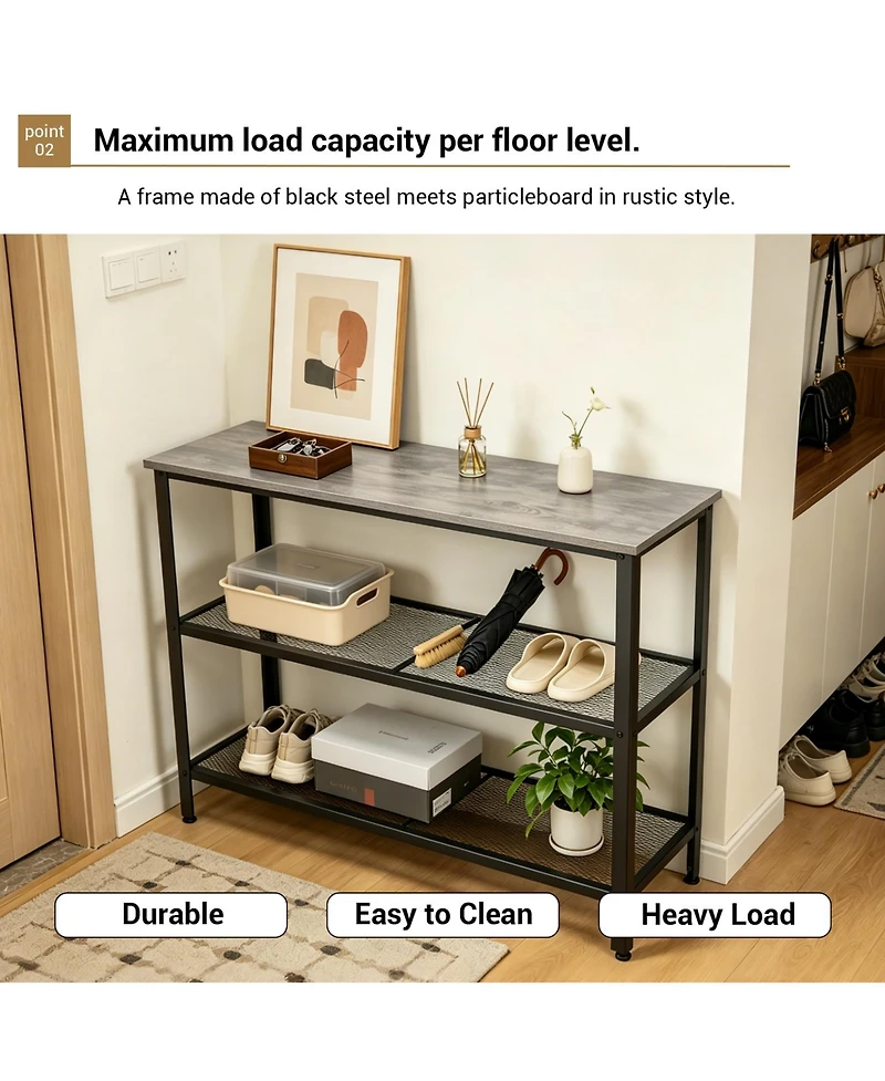 40" Industrial 3-Tier Console Table with Mesh Shelves, Rustic Grey and Black Metal Frame