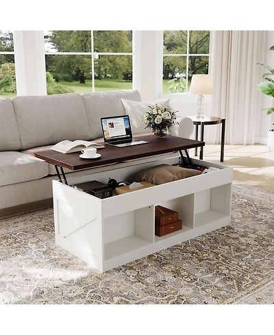 Farmhouse Lift-Top Coffee Table, Adjustable Height Hydraulic Lift, Hidden Storage Compartment, Shelf, Versatile For Home, Office, Living Room