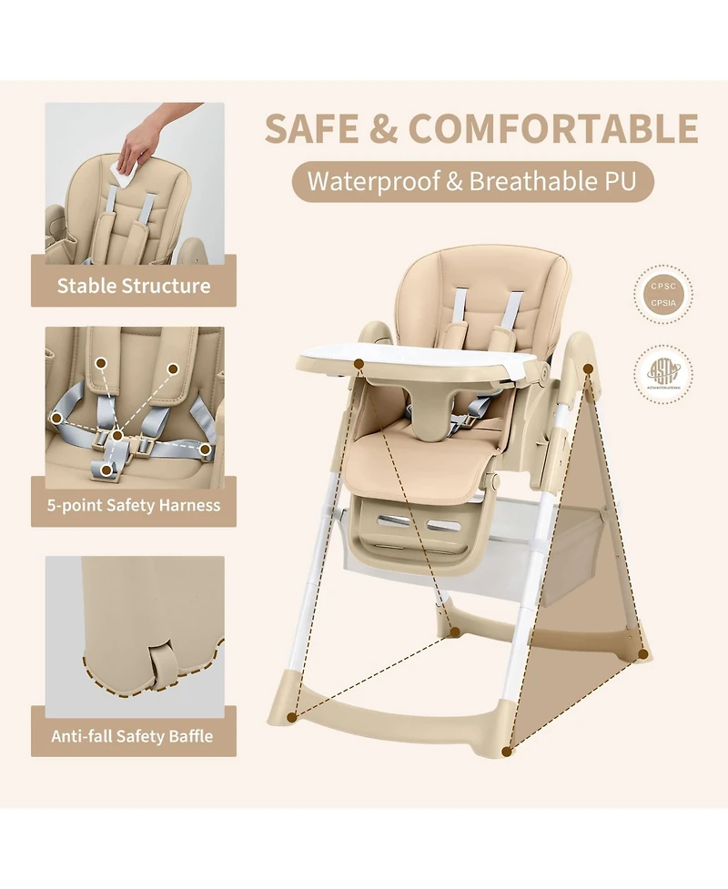 Baby High Chair, Foldable Portable Dining Chair for Babies and Toddlers with Adjustable Footrest and 5-Point Harness, Removable Tray, 7-Seat Height