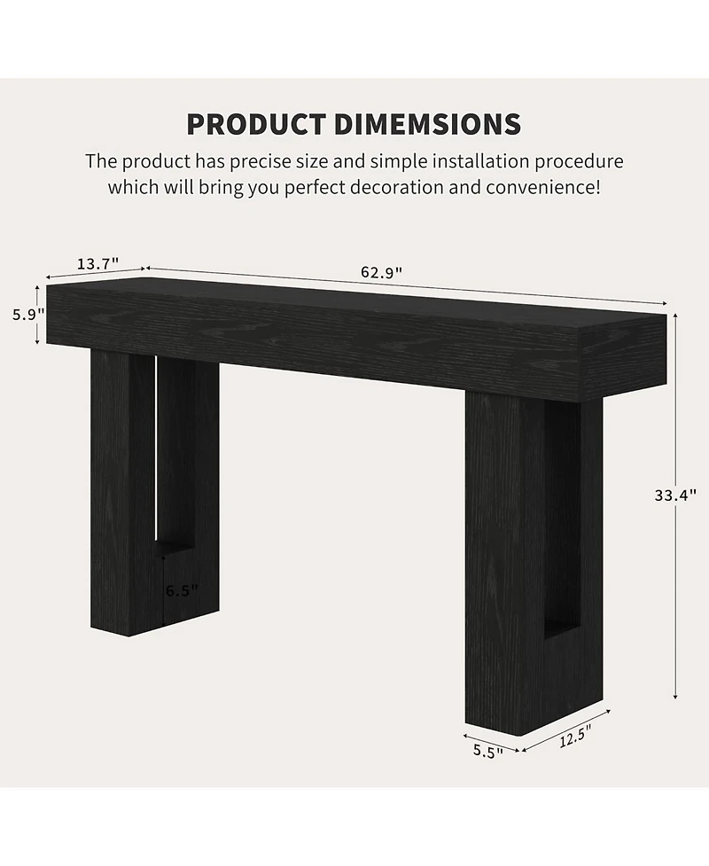 63" Black Wood Farmhouse Console Table, Narrow Sofa Table for Entryway and Living Room