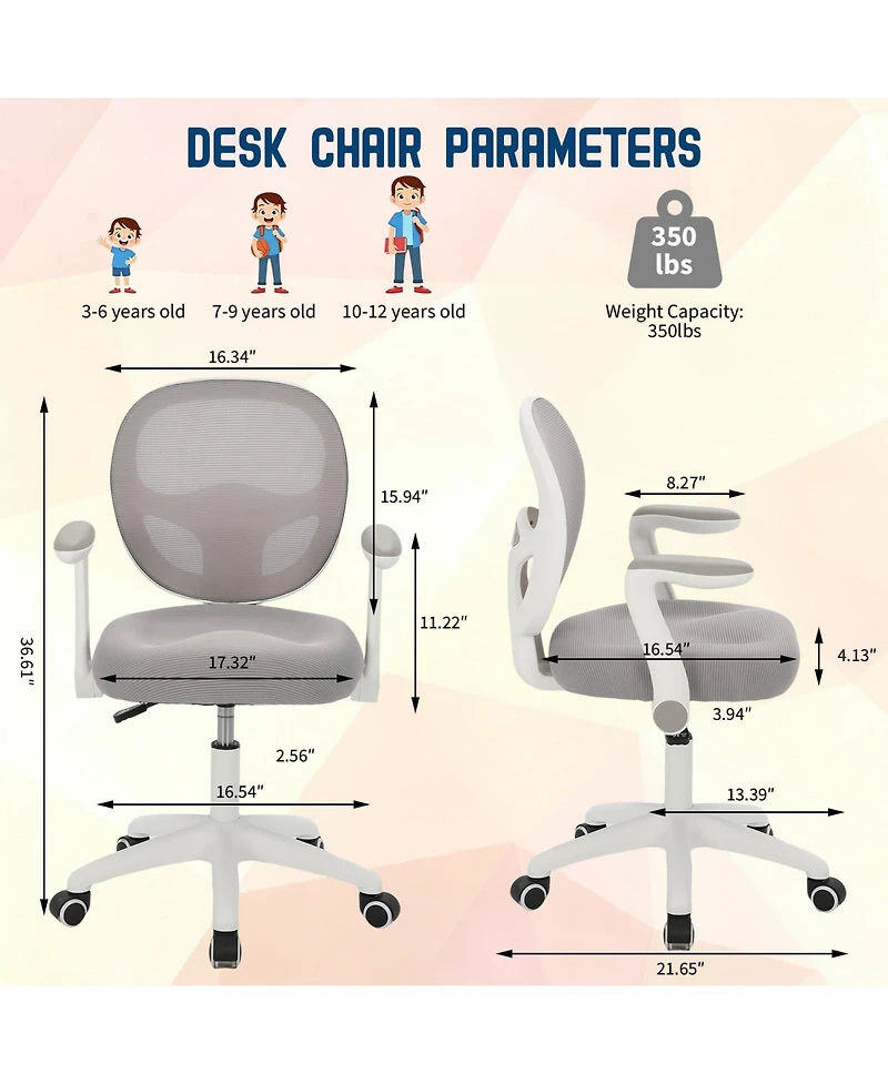 Kids Ergonomic Desk Chair with Adjustable Height, 360degree(s) Swivel, Flip-Up Armrests, Mesh Backrest