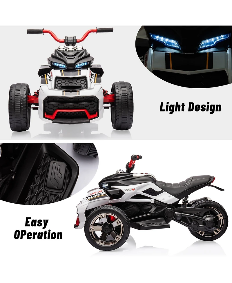 Single Seat 12V Kids Ride On Atv Toy Ages 3-6, Battery Powered 3-Wheel Quad with Leather Seat, Backyard Driving, White