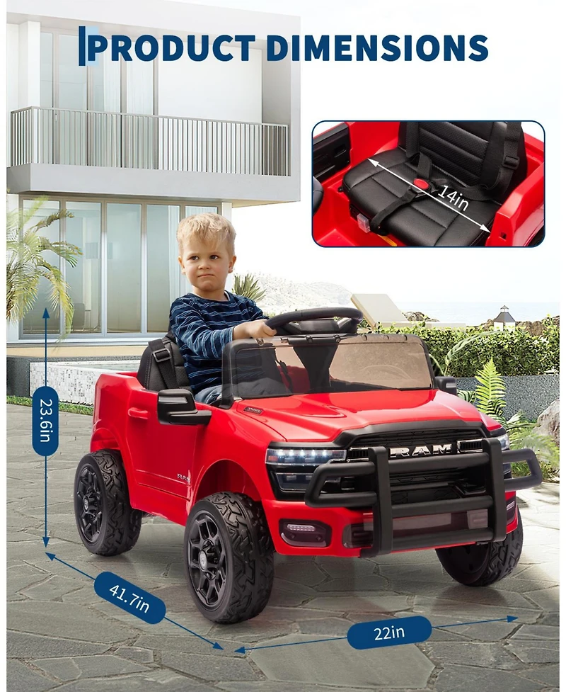 12V Licensed Ram Pickup Ride-On Vehicle, Parental Remote Control, Spring Shock Absorbers, Led Lighting, Built-In Music, Electric Play Truck for Kids