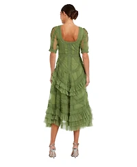 Mac Duggal Women's Short Sleeve Mesh Mirco Ruffle Midi Dress